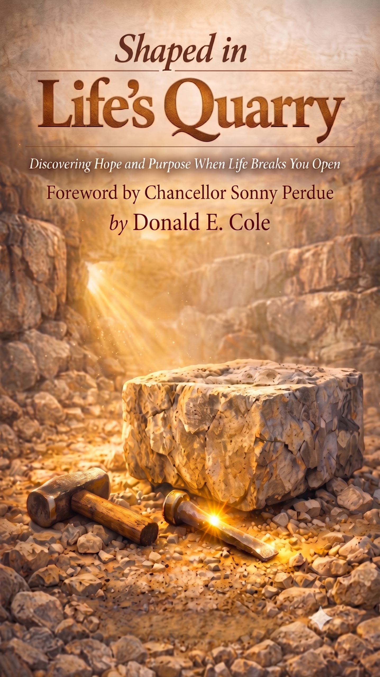 Home Book cover for Shaped in Life's Quarry with image of large block of granite in the quarry and hammer and chisel next to the stone. Foreword by Chancellor Sonny Perdue, by Donald E. Cole