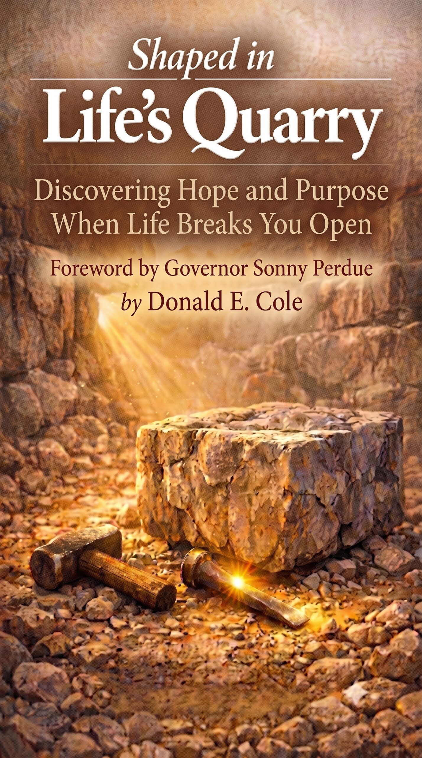Book cover for Shaped in Life's Quarry with image of large block of granite in the quarry and hammer and chisel next to the stone. Foreword by Governor Sonny Perdue, by Donald E. Cole